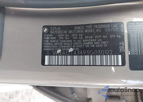 2003 BMW 525Ia from USA, damaged, VIN WBADT43493G030122